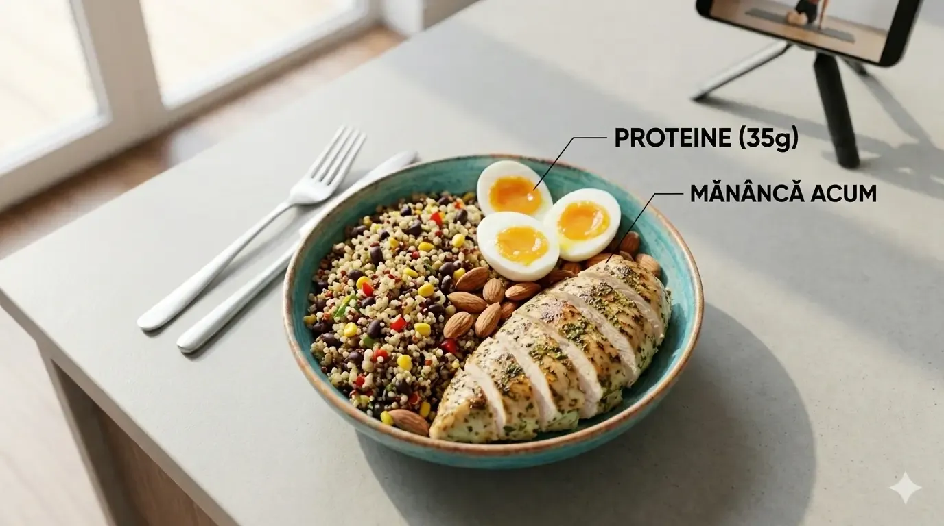 masa de pranz cu peste 35 de grame de proteina care contine carne de pui,un ou si jumate si quinoa
