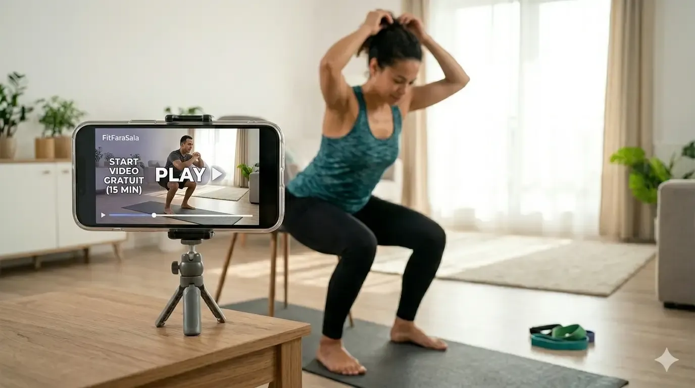 femeie facand genuflexiuni cu telefonul pornit in aplicatia fitfarasala
