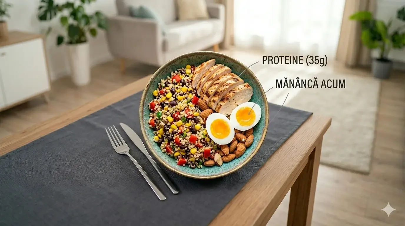 o farfurie cu mancare sanatoasa proteica cu chinoa, legume si carne