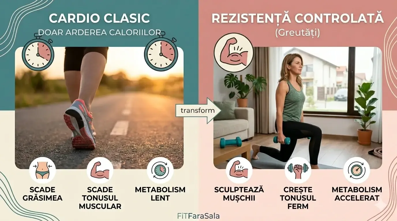 un infografic care arata diferentele intre cardio si antrenament cu greutati