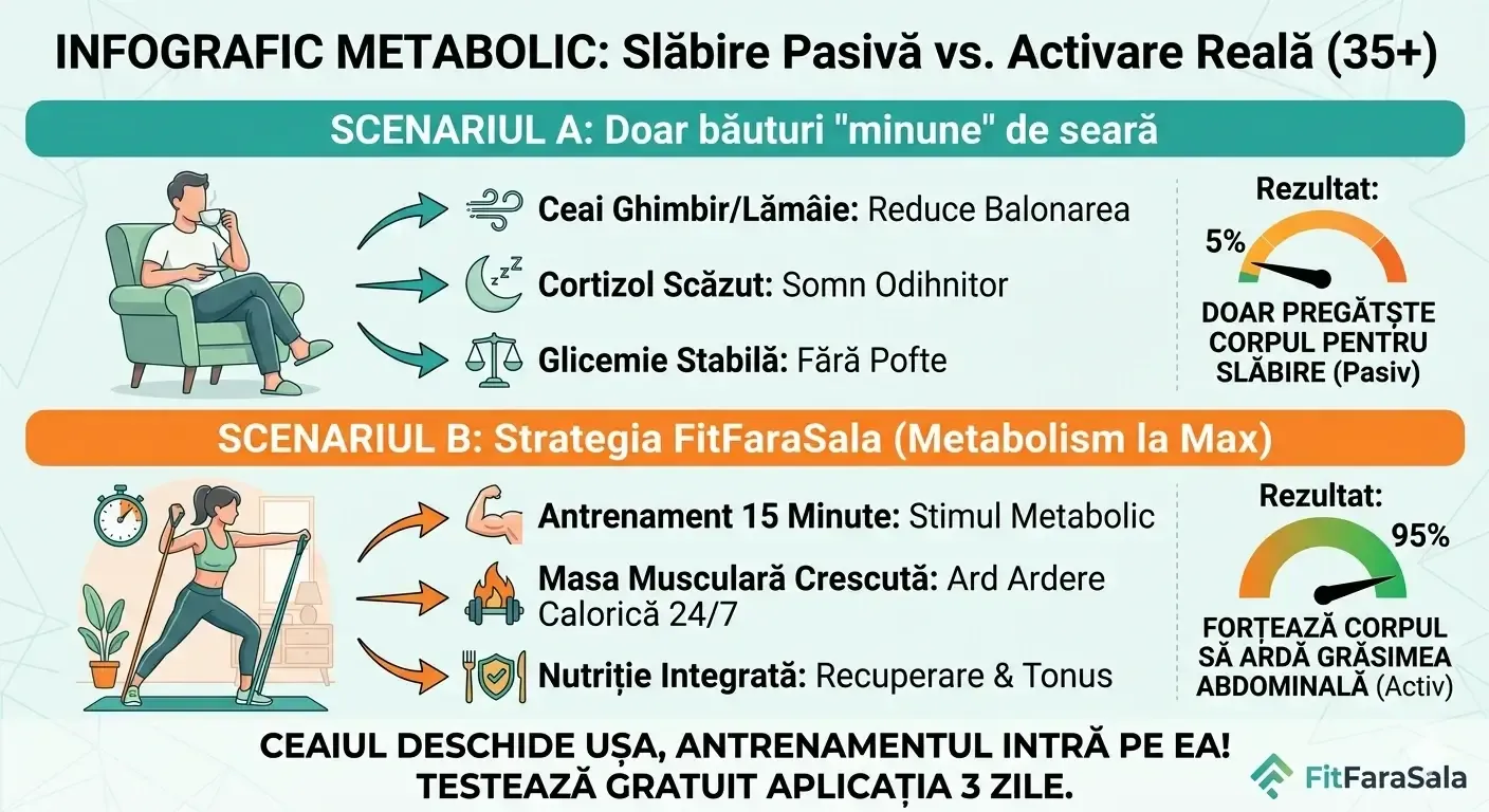 un infografic care arata cum sa slabesti pasiv cu bauturi si cum sa slabesti activ prin miscare si nutritie