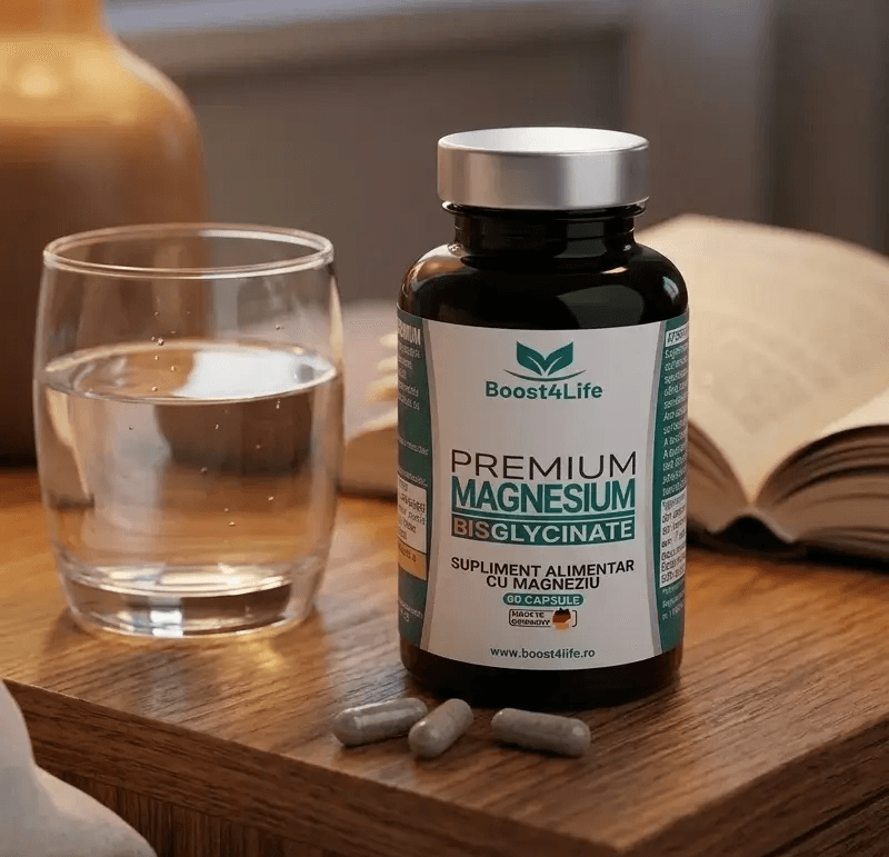 imagine cu magenziu bisglicinat capsule si un pahar cu apa