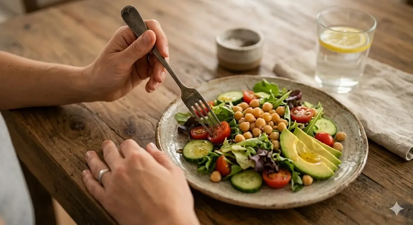 salata sanatoasa pe masa de lemn si o persoana care mananca incet cu furculita