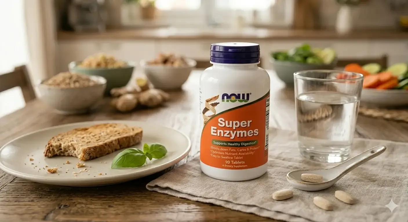 poza cu o masa sanatoasa si enzimele de la nowfoods