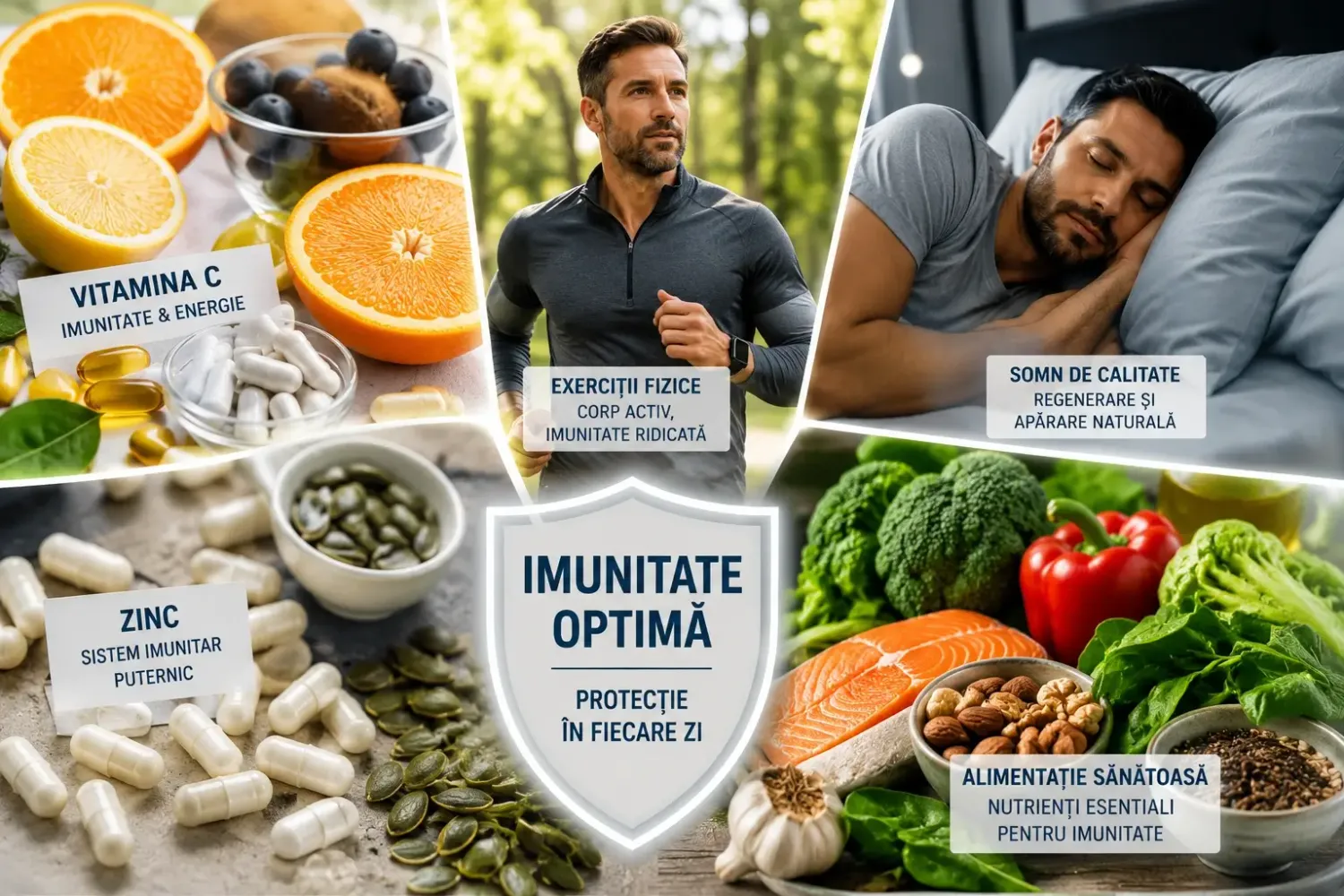 imagine cu un barbat care arata pilonii imunitatii somn, mancare, suplimente,sport