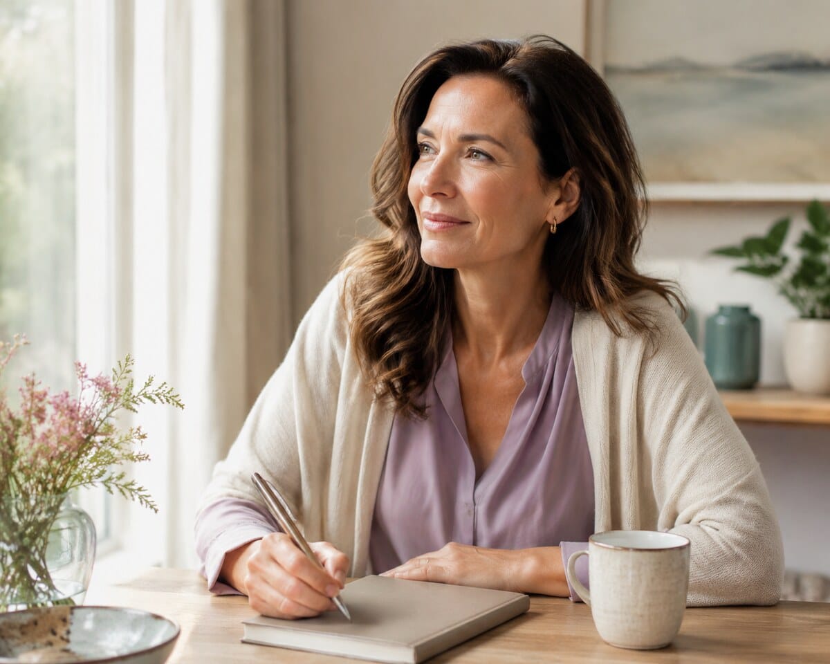 Woman over 40 checking hunger, energy, focus, and cravings after a real-food meal