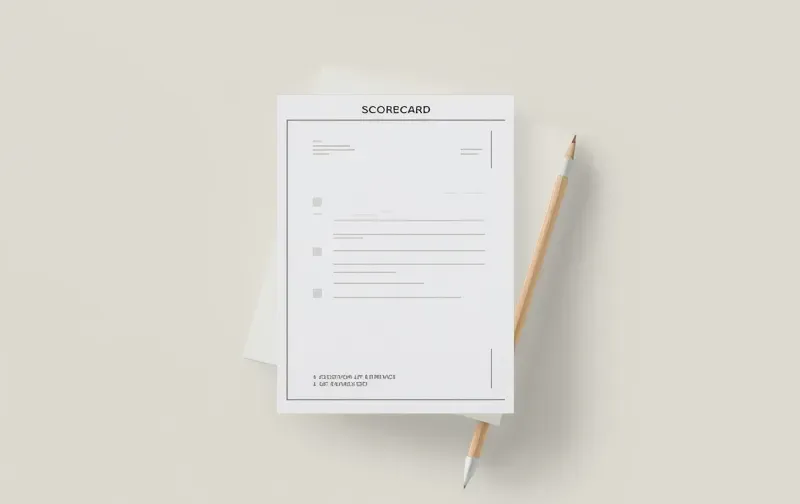 clean 3D mockup of a single page scorecard with a letter grade, minimalist, isolated, neutral background