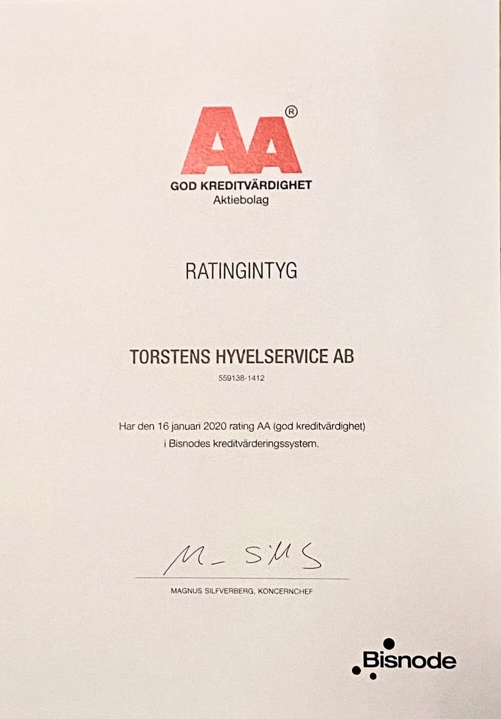 Rating intyg för Torstens Gyvelservice AB