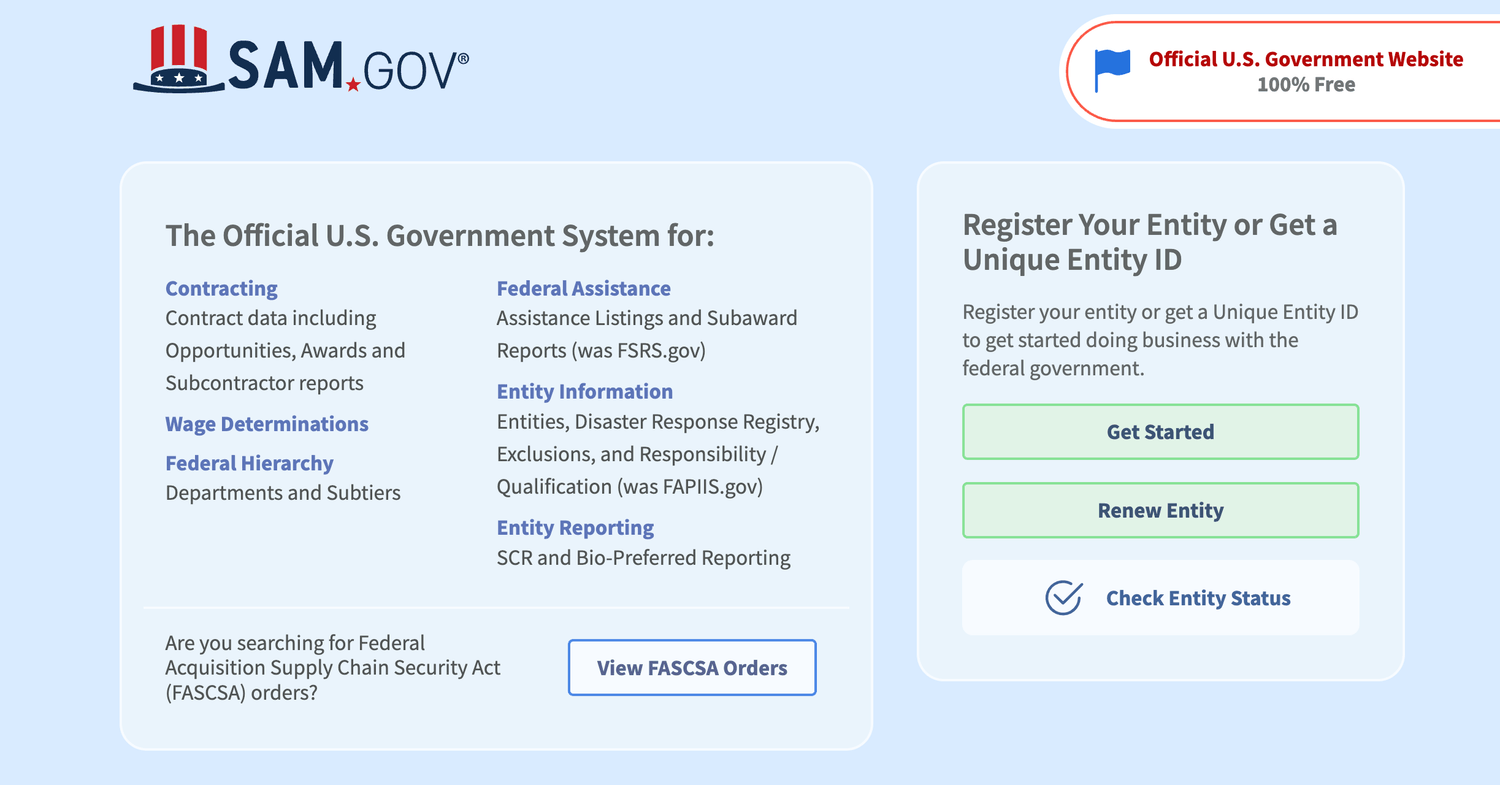Screenshot of the official SAM.gov federal registration website used for government contracting
