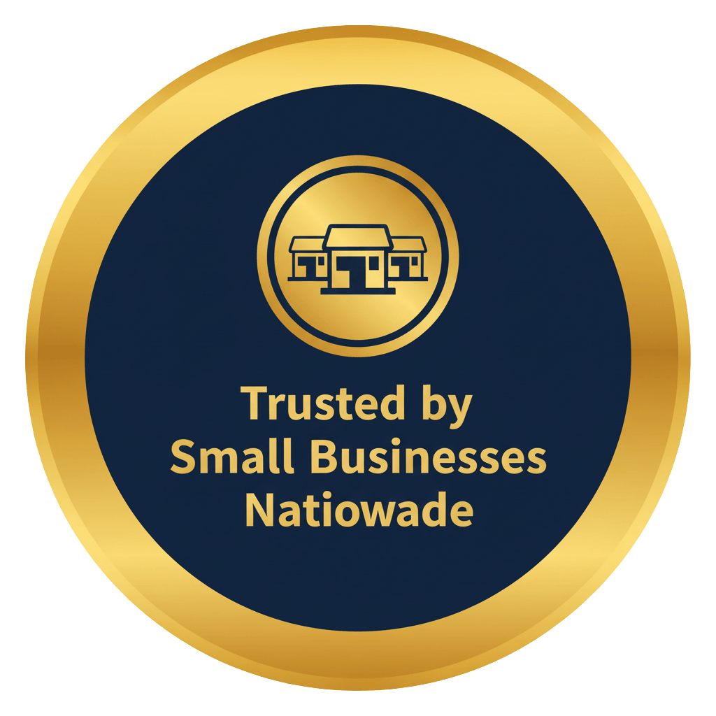 GC Plug and Play badge reading Trusted by Small Businesses Nationwide with gold and beige design