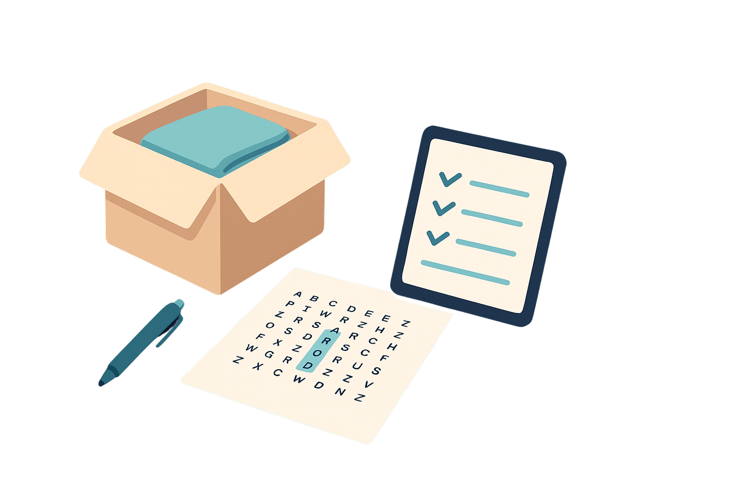 Open shipping box, printed word search puzzle, and tablet with checklist on a dark background representing physical products, digital tools, and printable puzzles