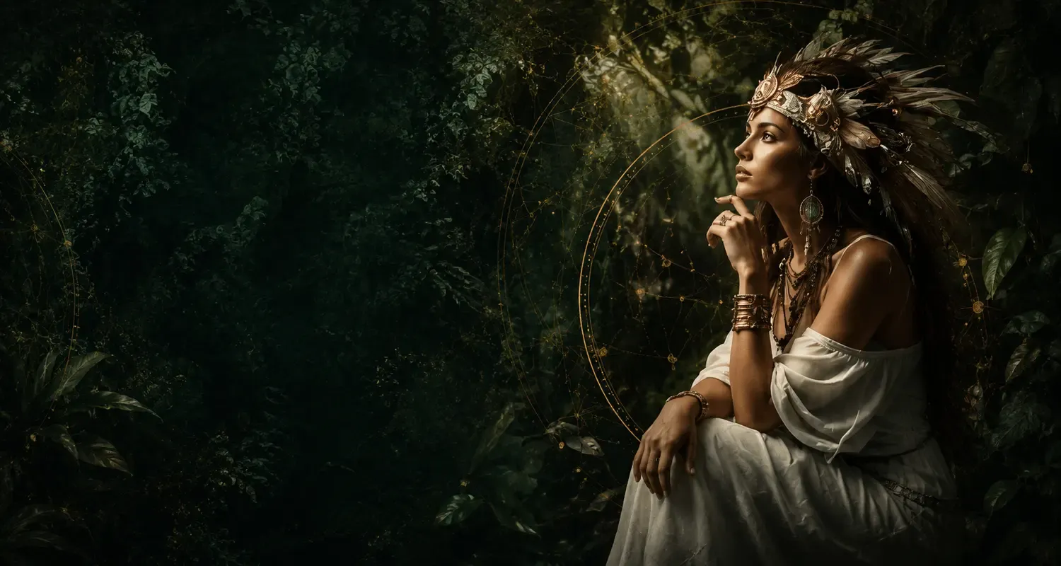 Woman standing in a dark enchanted forest