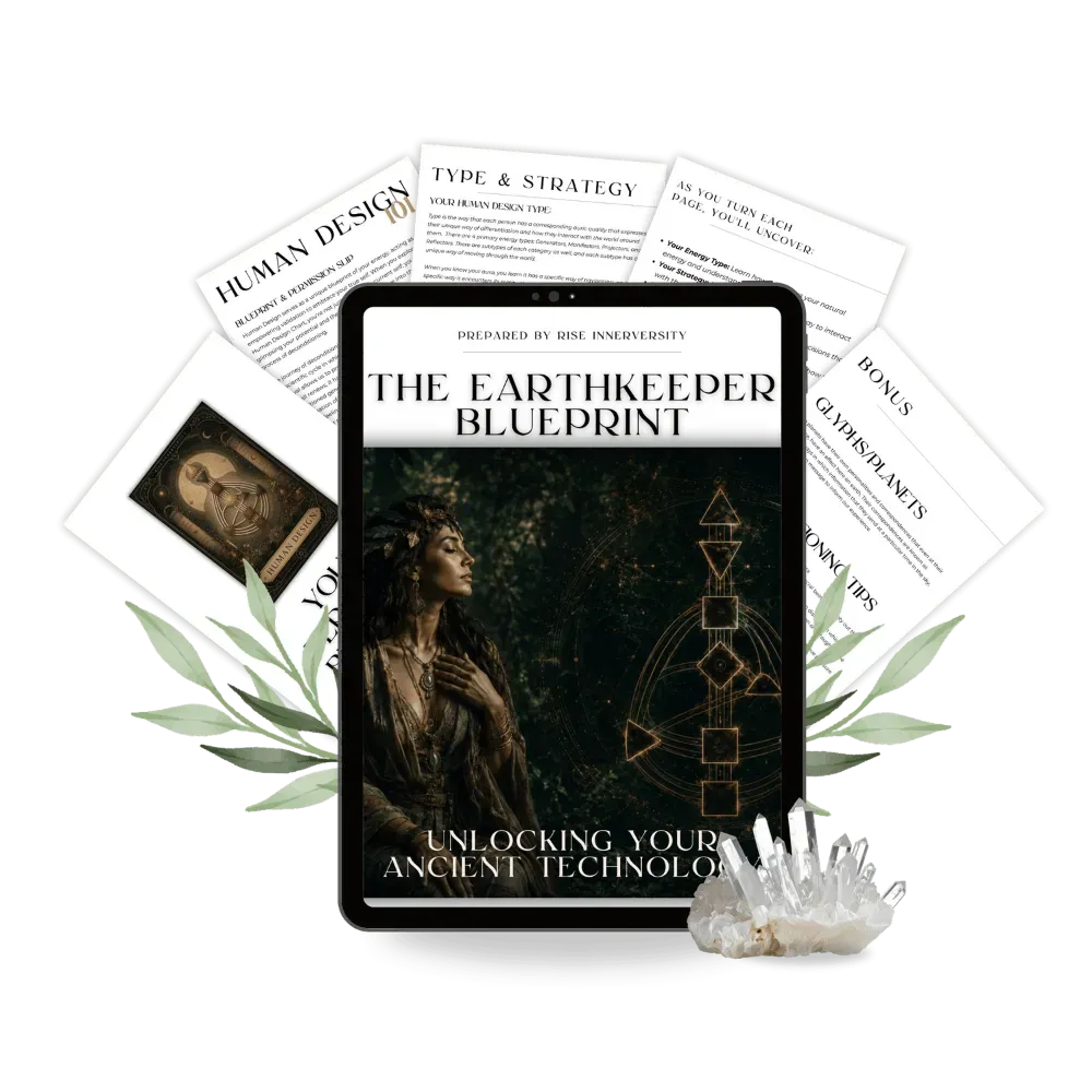 The Earthkeeper Blueprint free guide by RISE Innerversity, shown on tablet with worksheets