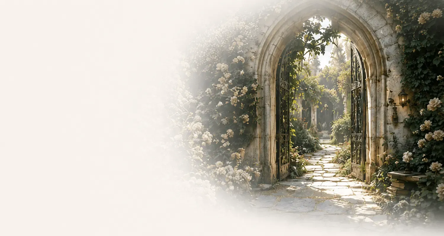 Stone archway opening into a sunlit garden