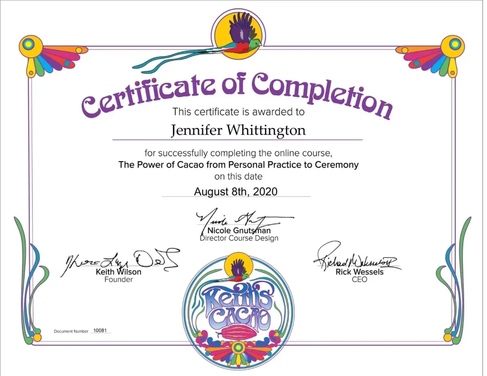 Jennifer Nunez (Whittington) certificate, The Power of Cacao from Personal Practice to Ceremony