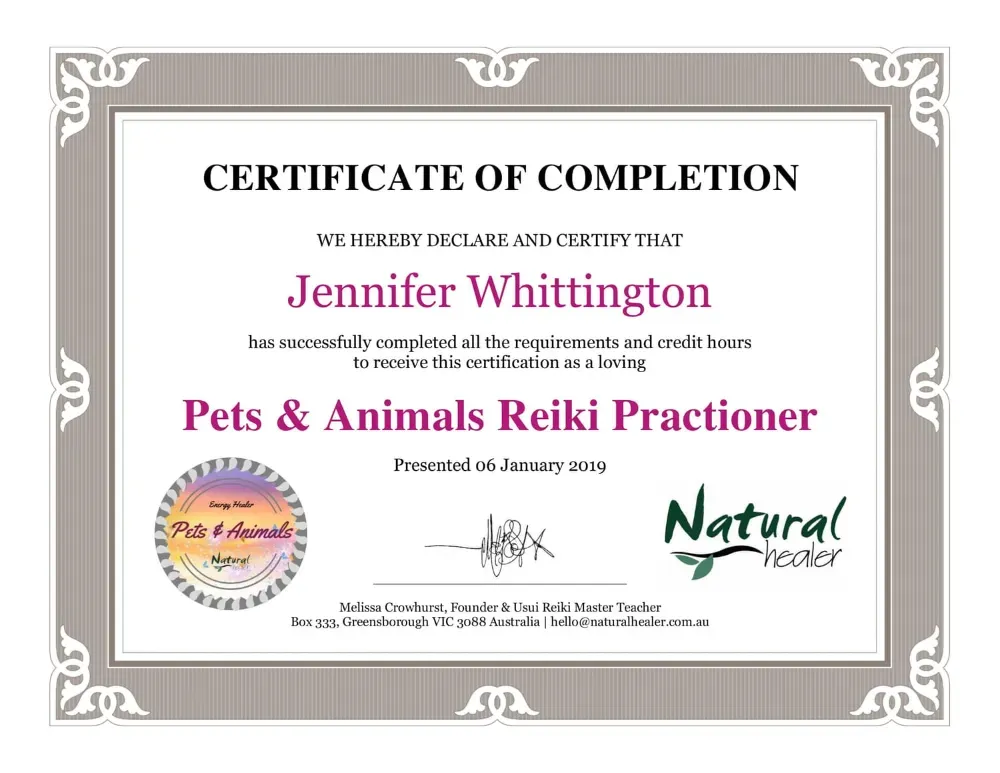 Jennifer Nunez (Whittington) Pets and Animals Reiki Practitioner certificate