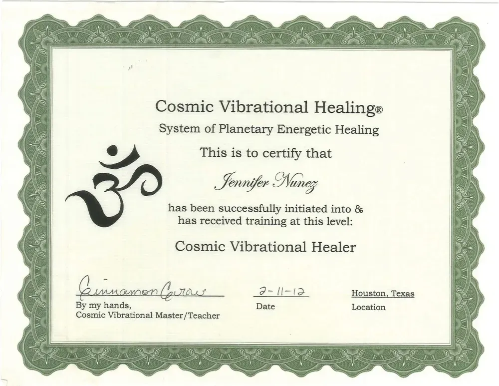 Jennifer Nunez (Whittington) Cosmic Vibrational Healing certificate