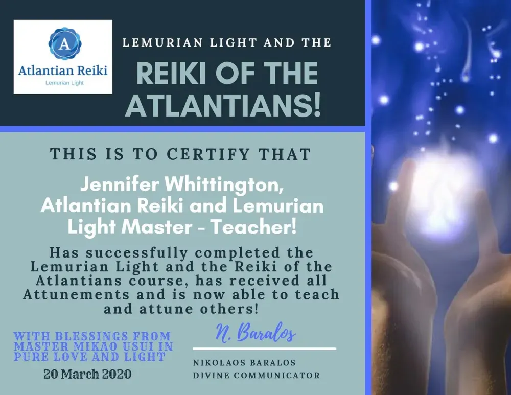 Jennifer Nunez (Whittington) Atlantian Reiki and Lemurian Light Master Teacher certificate