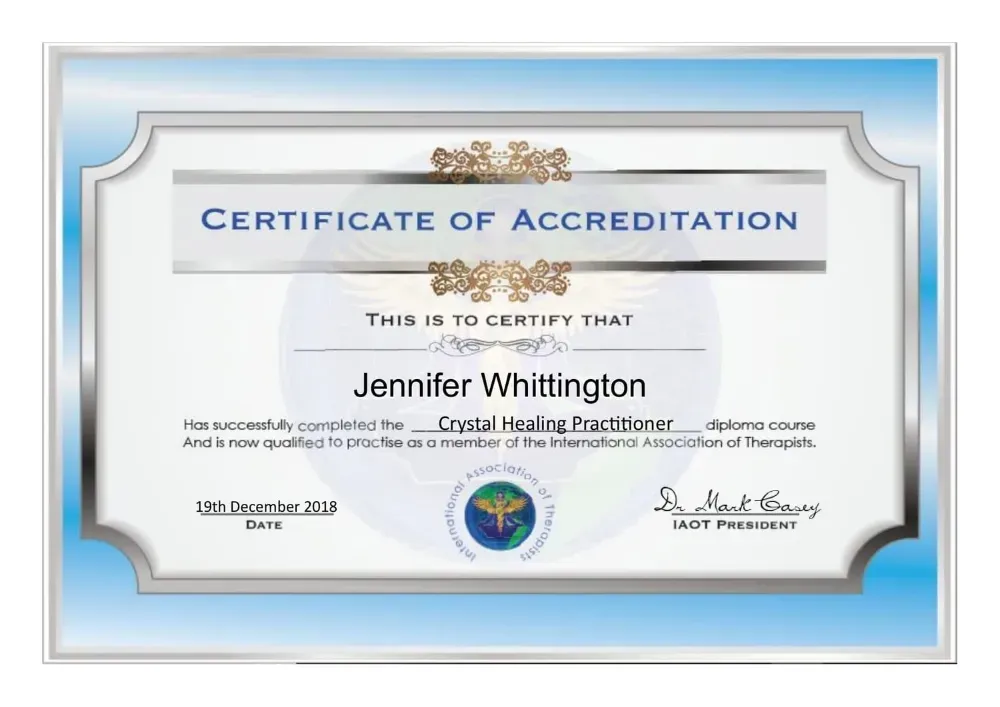 Jennifer Nunez (Whittington) Crystal Healing Practitioner Certificate of Accreditation, IAOTH