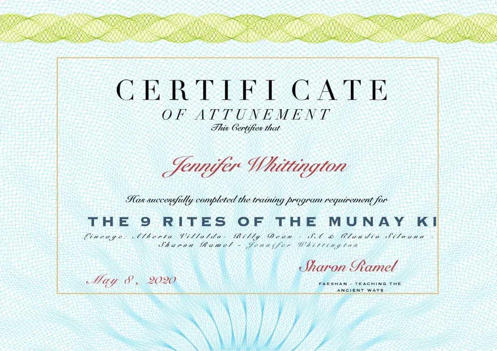 Jennifer Nunez (Whittington) Certificate of Attunement, The 9 Rites of the Munay-Ki