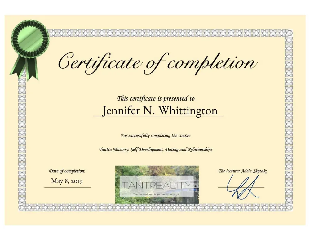 Jennifer Nunez (Whittington) certificate, Tantra Mastery: Self-Development, Dating and Relationships