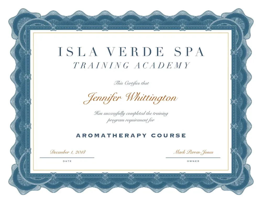 Jennifer Nunez (Whittington) Aromatherapy course certificate, Isla Verde Spa Training Academy