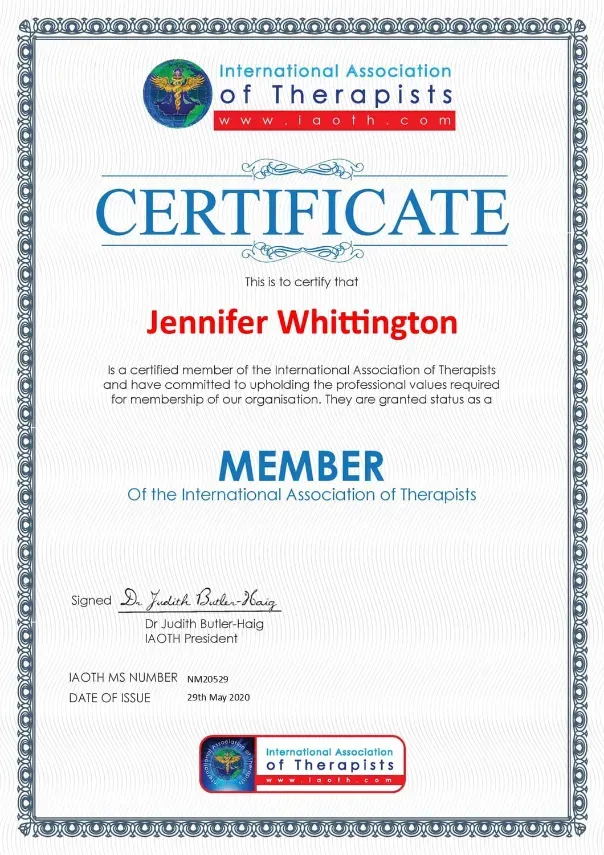 Jennifer Nunez (Whittington) member certificate, International Association of Therapists