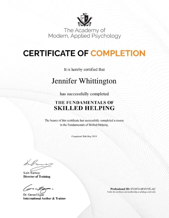 Jennifer Nunez (Whittington) certificate, The Fundamentals of Skilled Helping