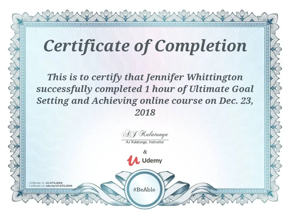 Jennifer Nunez (Whittington) certificate, Ultimate Goal Setting and Achieving course