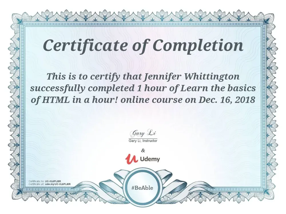 Jennifer Nunez (Whittington) certificate, Learn the Basics of HTML course