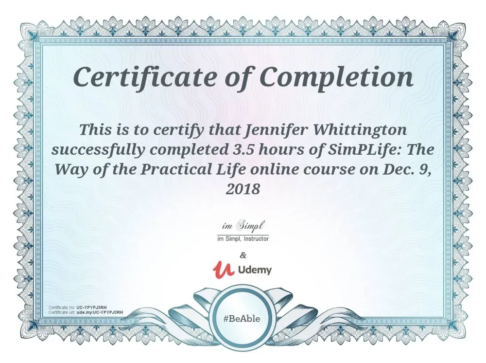 Jennifer Nunez (Whittington) certificate, SimPLife: The Way of the Practical Life course