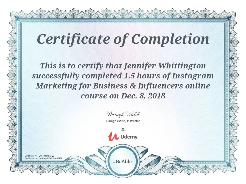 Jennifer Nunez (Whittington) certificate, Instagram Marketing for Business and Influencers
