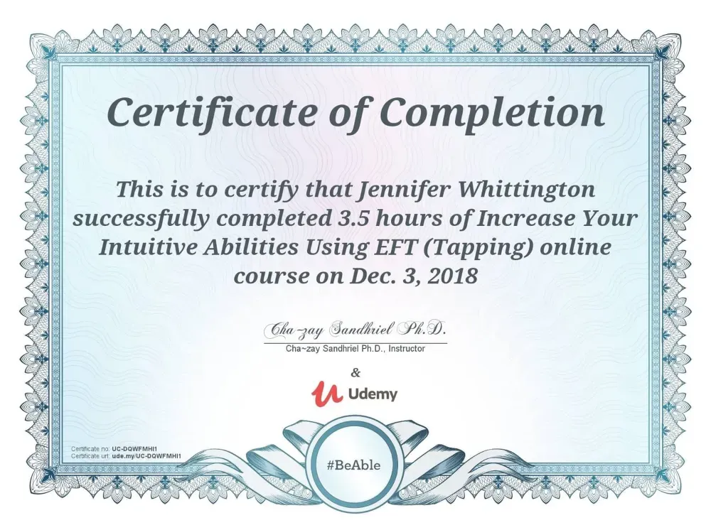 Jennifer Nunez (Whittington) certificate, Increase Your Intuitive Abilities Using EFT Tapping