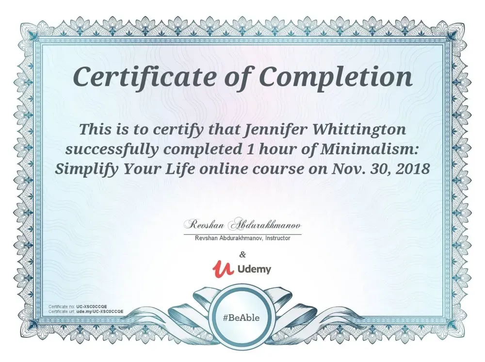 Jennifer Nunez (Whittington) certificate, Minimalism: Simplify Your Life course