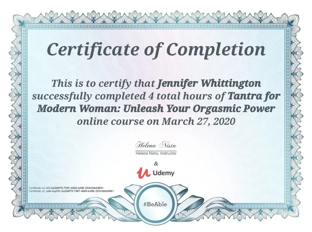 Jennifer Nunez (Whittington) certificate, Tantra for the Modern Woman online course