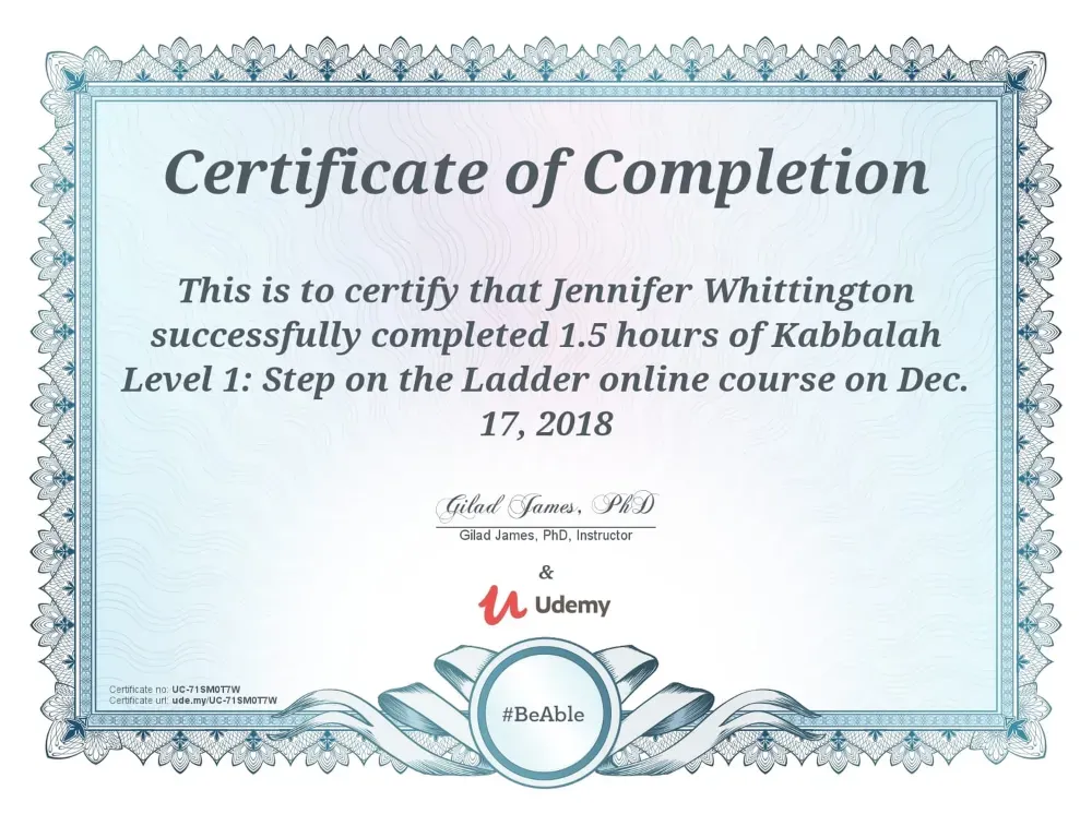 Jennifer Nunez (Whittington) certificate, Kabbalah Level 1: Step on the Ladder