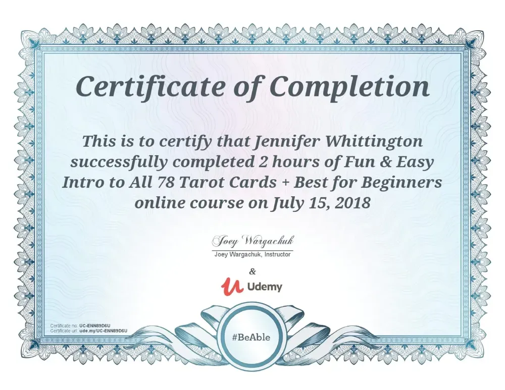 Jennifer Nunez (Whittington) certificate, Intro to All 78 Tarot Cards for Beginners