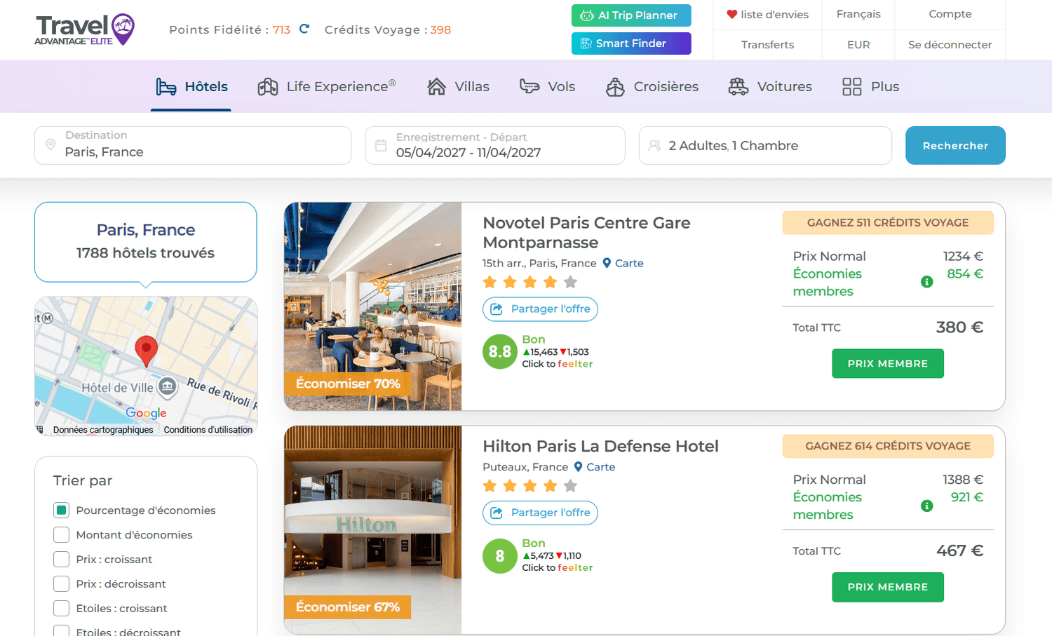 Travel Advantage price screenshot for Hilton Paris La Défense