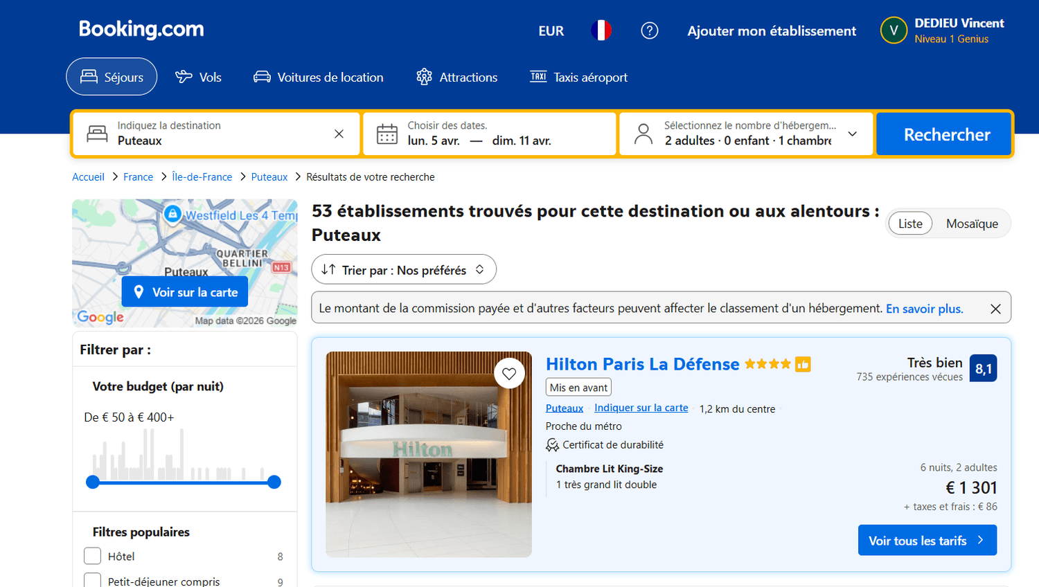 Public-price screenshot for Hilton Paris La Défense