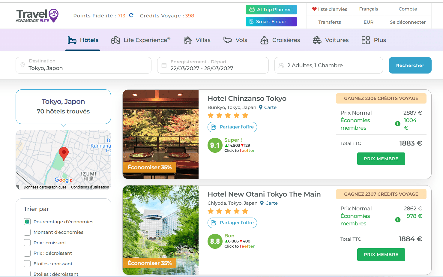 Travel Advantage price screenshot for a 5-star hotel in Tokyo