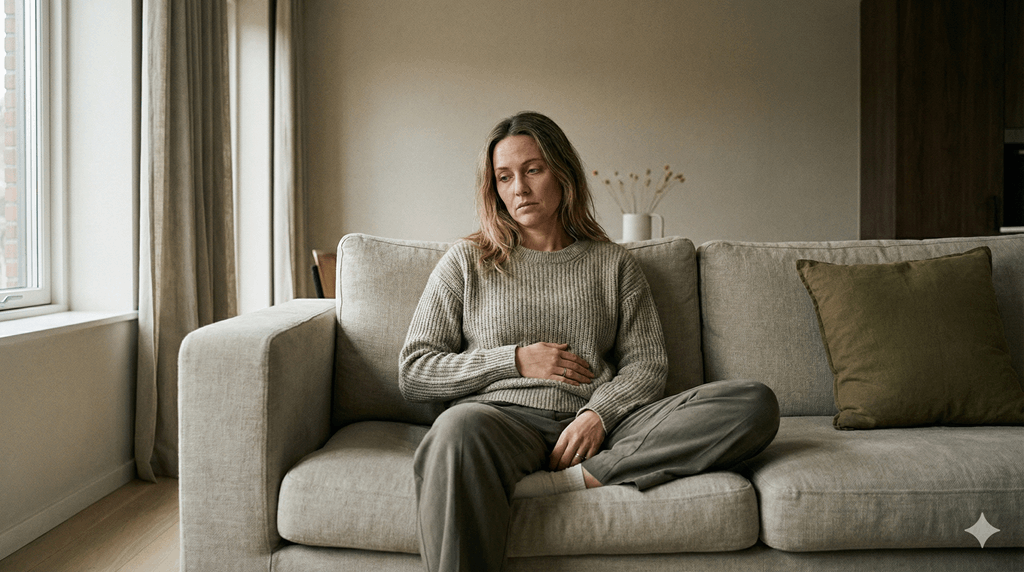 Erschöpfte Frau sitzt nachdenklich auf dem Sofa und hält sich leicht den Bauch