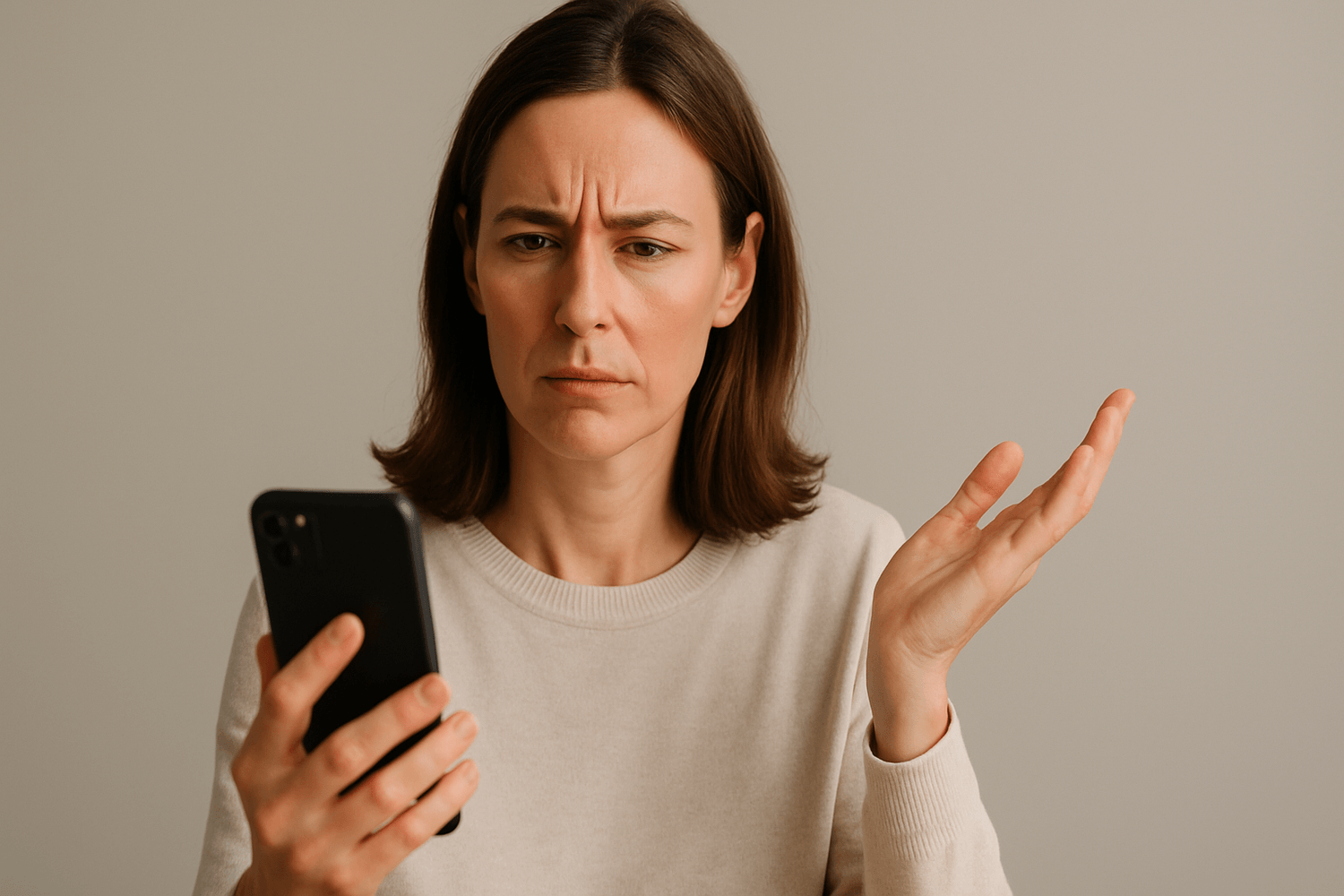 Frau blickt skeptisch auf ihr Smartphone und hinterfragt Informationen zum Stoffwechsel