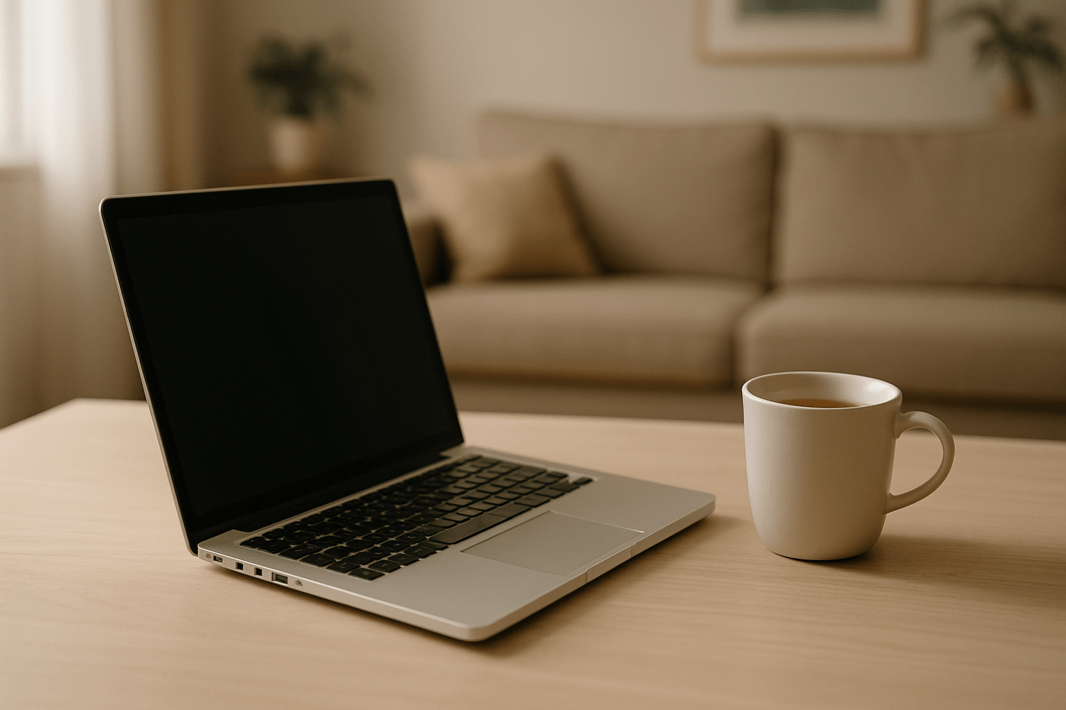 Laptop auf hellem Schreibtisch mit Tasse Tee als Symbol für Einstieg in Stoffwechsel-Wissen