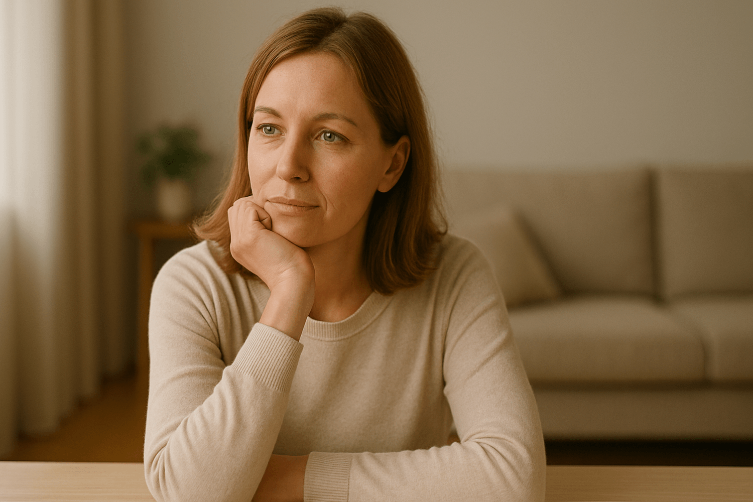 Nachdenkliche Frau sitzt am Tisch und denkt über Fragen zum Stoffwechsel nach