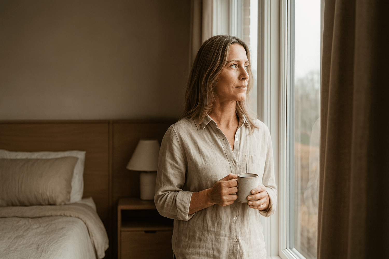 Frau Mitte 40 steht morgens nachdenklich am Fenster mit einer Tasse in der Hand