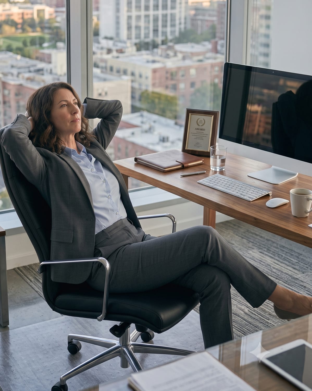 Leader reflecting at her desk