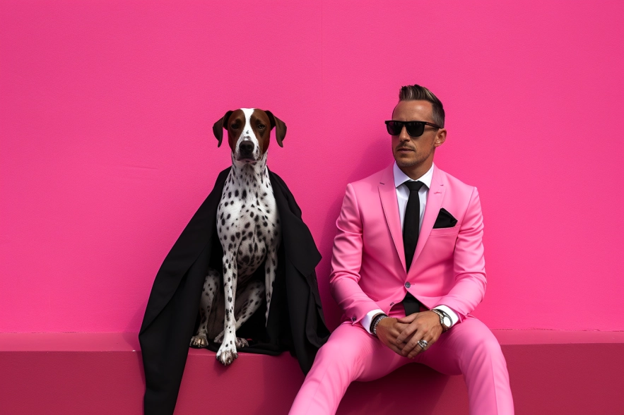 Homme élégant en costume rose avec chien dalmatien - PETPACKARTISTY Processus Créatif