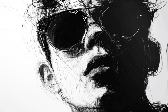 Art numérique contemporain par Caron avec lunettes de soleil et expression intense