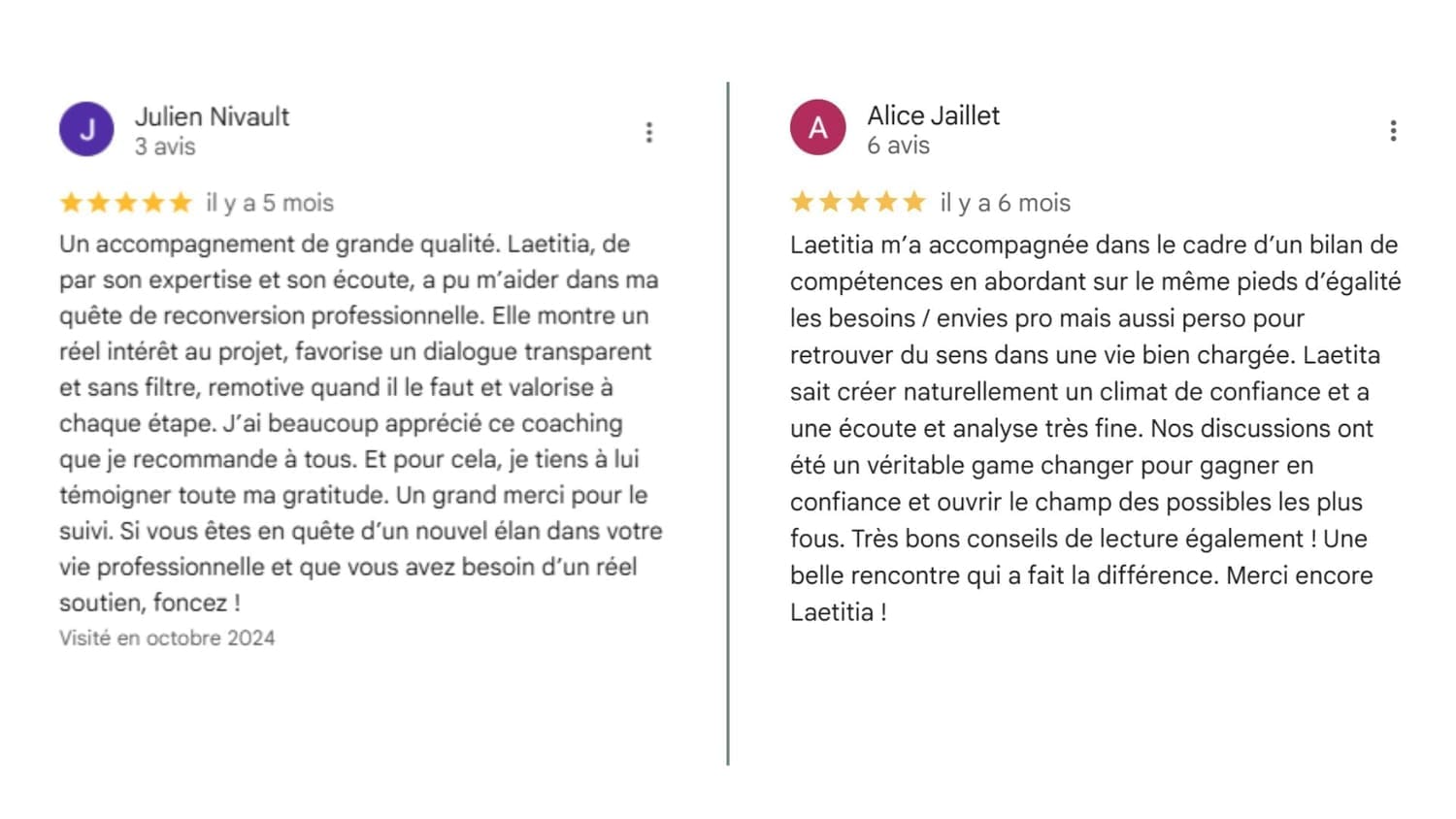 Laetitia Besnard - coaching et bilan de compétences - avis client 1