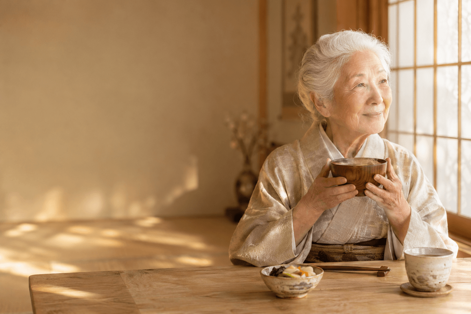 Femme japonaise centenaire buvant un bol de soupe miso près d'une fenêtre